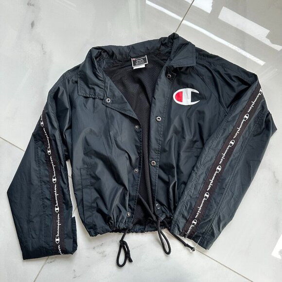 Champion Black Bomber Jacket | Size M | Adjustable Waist & Zipper Sleeves - Picture 2 of 12
